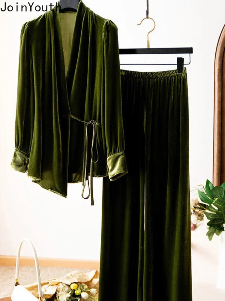Tempérament Tenues coréennes coréenes coréennes en deux pièces Vneck Bandage Chemises hautes taille pantalon large de jambe larges chic en velour