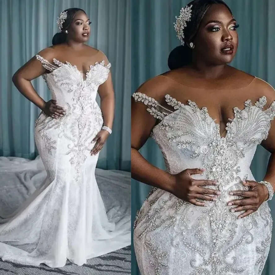 Plus Size Country Wedding Dresses Sheer Neck Illusion Lacefull Mermaid Bridal Dress Tiered Rehies Lace Beach Gowns For African Arabic Black Women