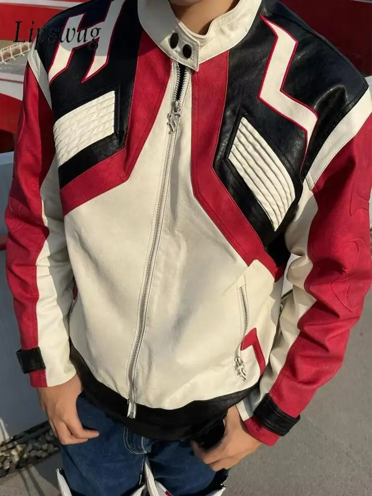 Y2K style leather jacket mens fashion ultra-thin long sleeved zipper holder collar PU leather jacket mens autumn and winter street clothing jacke