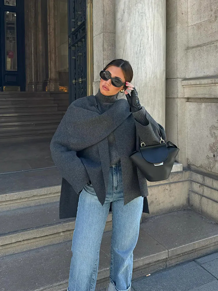 Elegant Solid Scarf Collar Irregular Split Hem Woolen Jacket Women Chic Long Sleeves Loose Warm Coat 2024 Autumn Lady Overcoat 241108