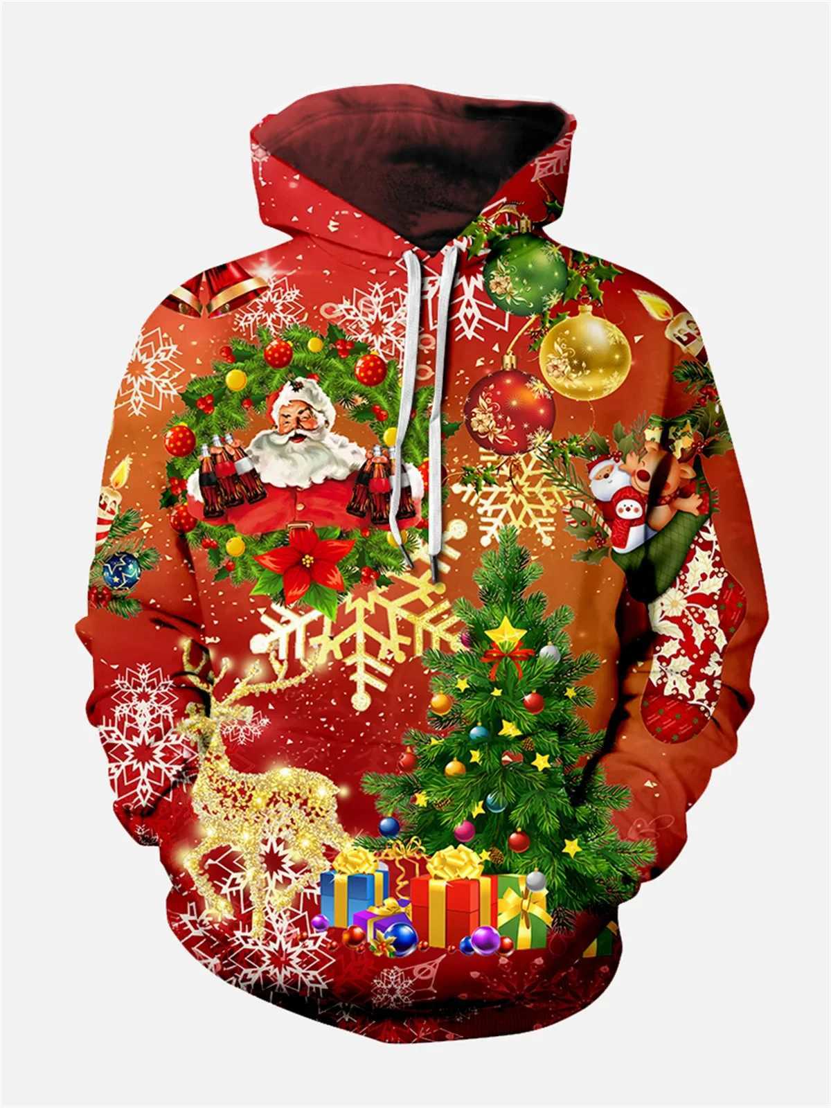 2024 New Mens 3D Christmas Elk Christmas Tree Printed Hoodie for Men and Women Casual Fashion Mens Hoodie Street Mens Tops LX241113
