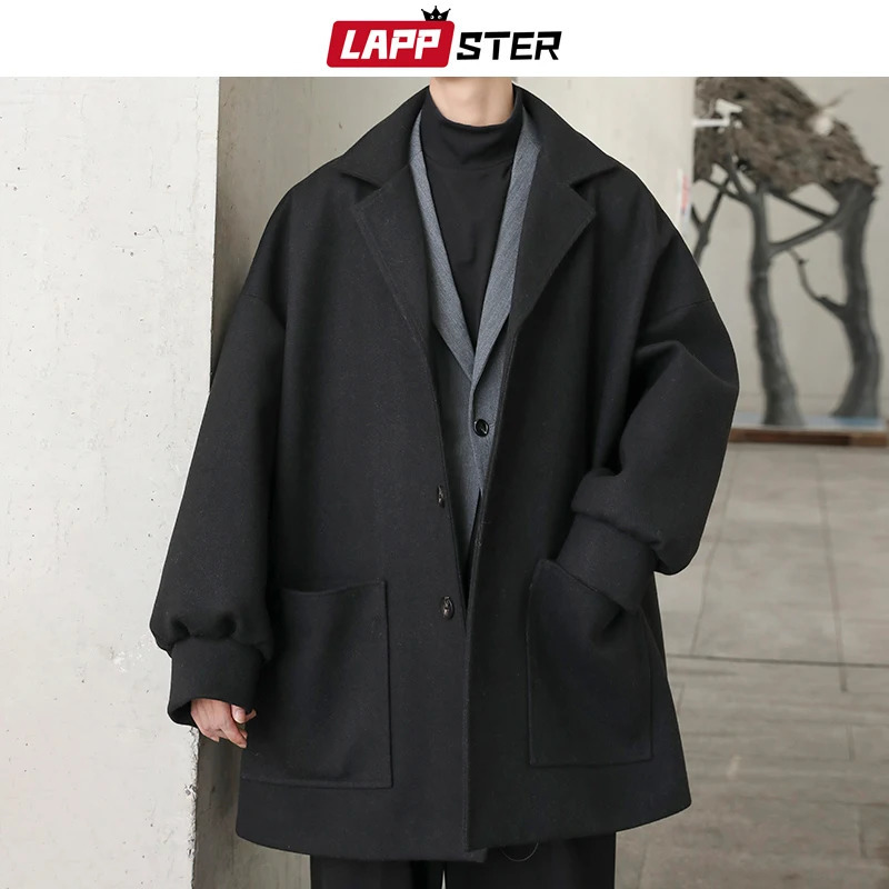 LAPPSTER oversized mens solid Korean winter coat wool coat mens black Harajuku trench coat flannel button jacket and coat 241112