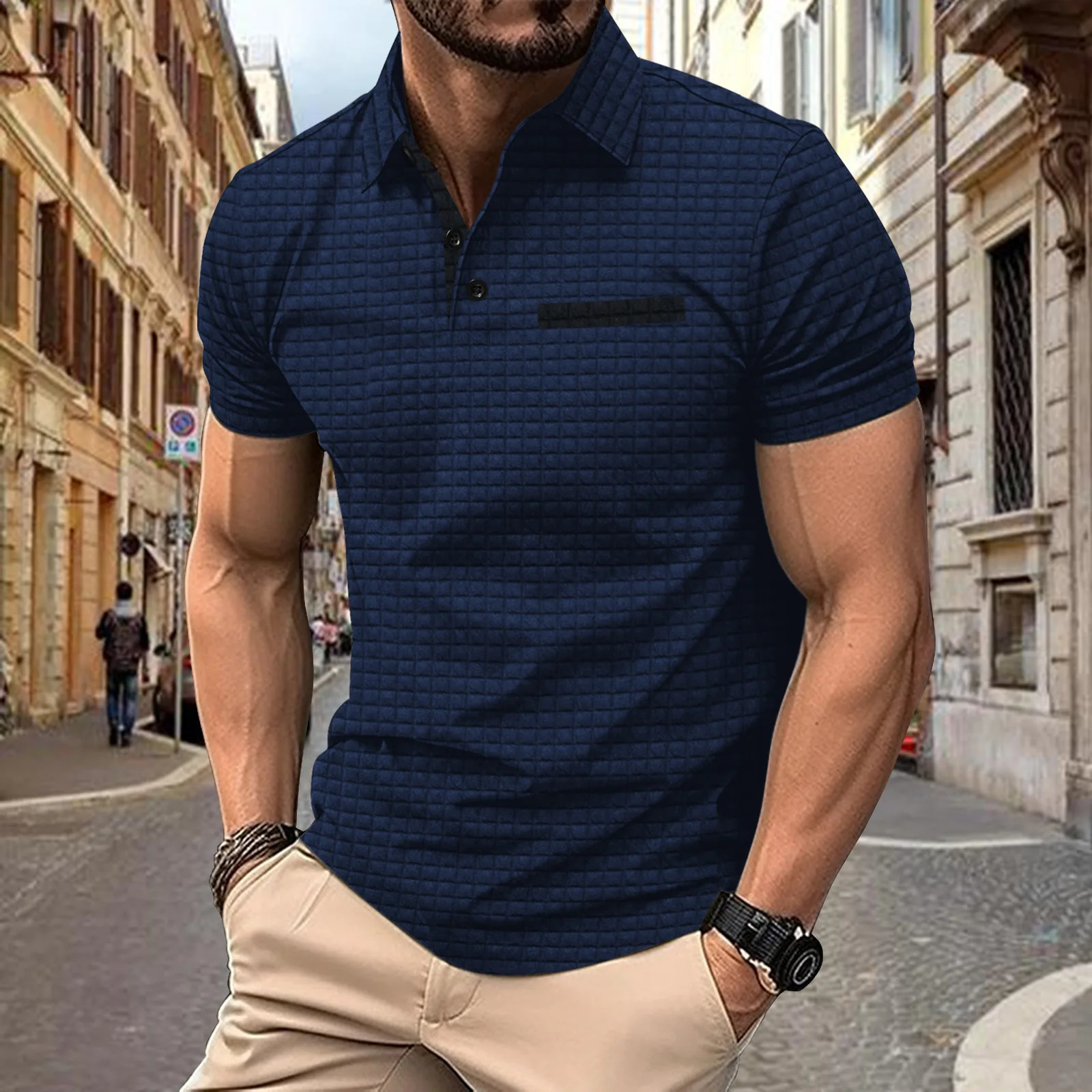2024 Casual street lapel POLO shirt Mens short-sleeved checked POLO shirt Fashion solid color loose Top 241113