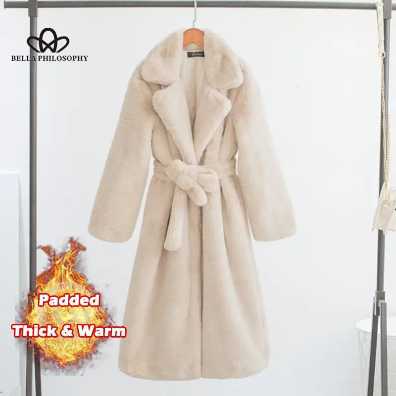 Femmes d'hiver chaudes et manteau de fourrure artificielle épais femme à manteau long collier cohésion femme chaude avec ceinture casaco féminino