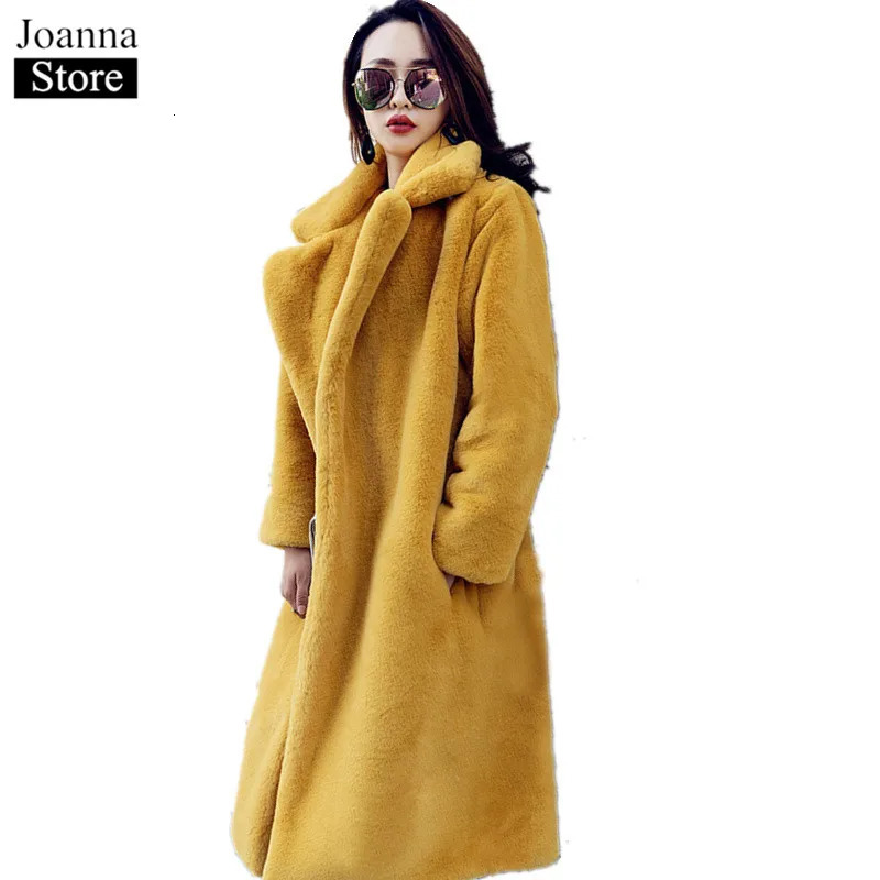 Hiver Faux Fur en peluche ours long manteau épais femme fausse fourrure pelucheux de veste de fourrure rose chaude et taille plus taille jaune 24