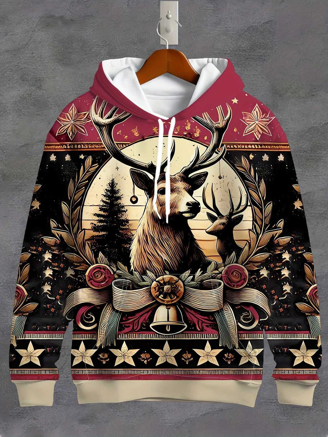 Mens Christmas Reindeer Winter Pattern Hoodie Casual Long Sleeve Loose Pullover Hoodie Unisex Sports Sweatshirt LX241113