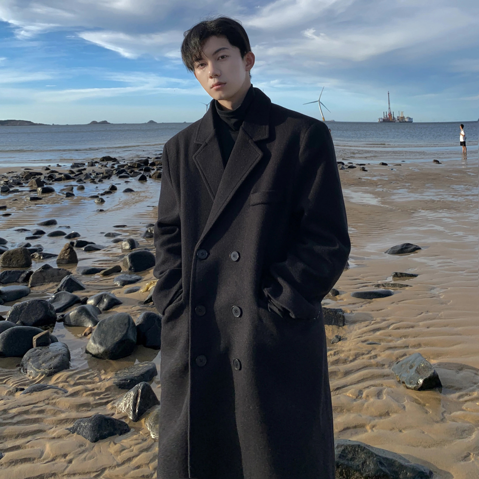 Winter Long Trenchcoat Men Koreanstyle Solid Double Breasted Woolen Coat Loose Casual Trench Outwear 2023 Color Overcoats 241108
