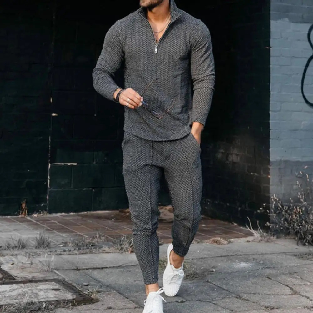Mens autumn casual long sleeved zipper stand up collar top mens retro sports set two-piece set jogging set 241112