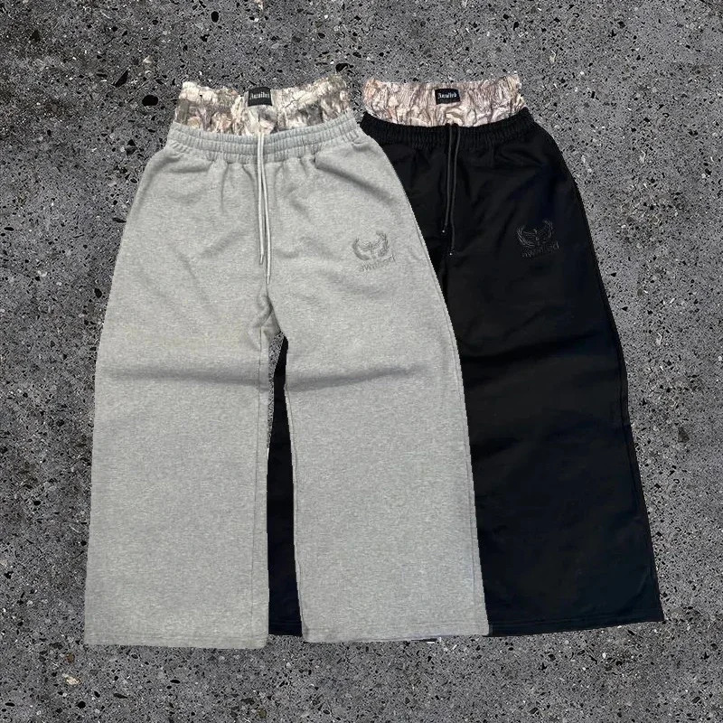 Street clothing Y2K wide leg pants mens retro double waist sports pants embroidered camouflage pattern trend casual unisex bag pants 241112