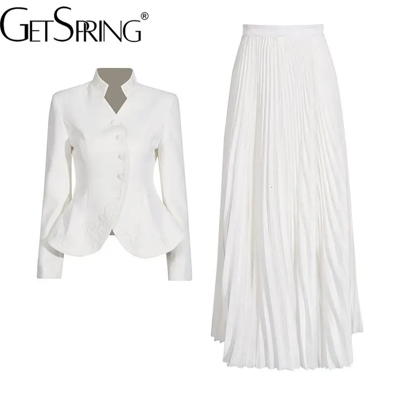 Get Spring Womens Ski Suit Autumn Three Dimensional Embroidered White Jacket High Waist Folded Ski Suit Two Piece Set 241112