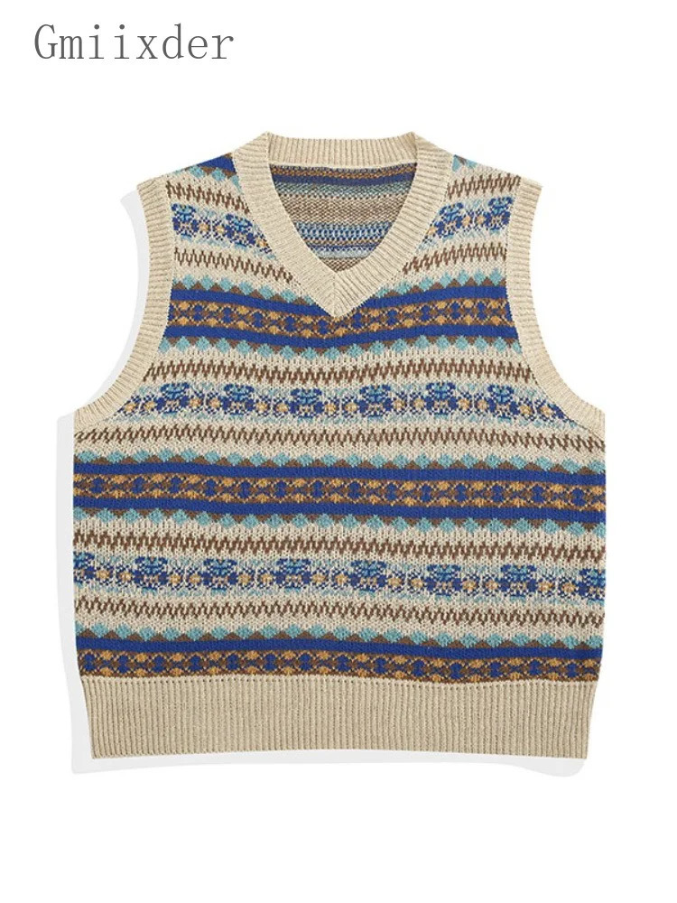 GMIIXDER Men Retro Striped Vie vers Spring Automne Automne Loose Empilée Pull Soupteur Sans manteau Unisexe Préppy Stripe ethnique en V Top 24111