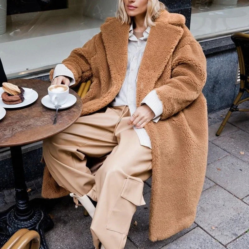 Flip collar long faux fur coat for womens winter thick plush coat loose faux fur fluffy jacket teddy warm fuzzy coat comfortable 241112