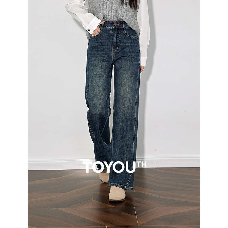 TOYOUTH Women Denim Jeans 2024 Autumn And Winter New Mid Wasit Straight Leg Casual Versatile Long Pants