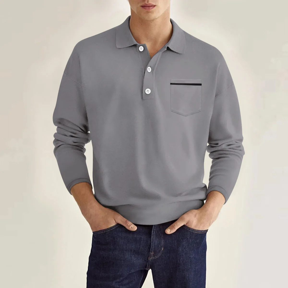 2024 Spring and Autumn mens casual long-sleeved Polo shirt Fashion V-neck three-button comfortable mens pocket Polo shirt 241113