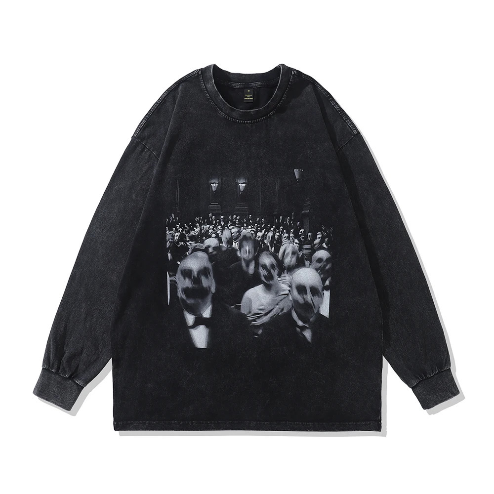 Evil printed graphic T-shirt oversized retro long sleeved Gothic mens Y2k Grunge T-shirt street loose Harajuku anime top T-shirt 241112