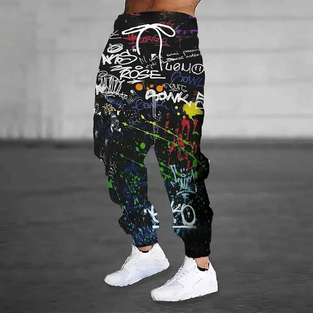 2024 New Fashion Grfiti Printed Sweatpants Mens Large Size Loose Casual Pocket Drstring Sweatpants Winter Thick Warm PantsXJ241112