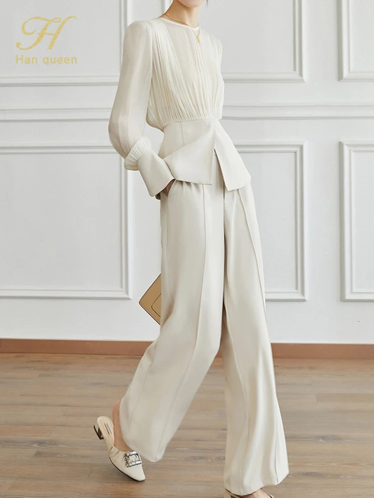 H Han Queen Automne Professional Set Womens Elegant Long Man à manches longues et simple pantalon de jambe large coréen ol décontracté set 241112
