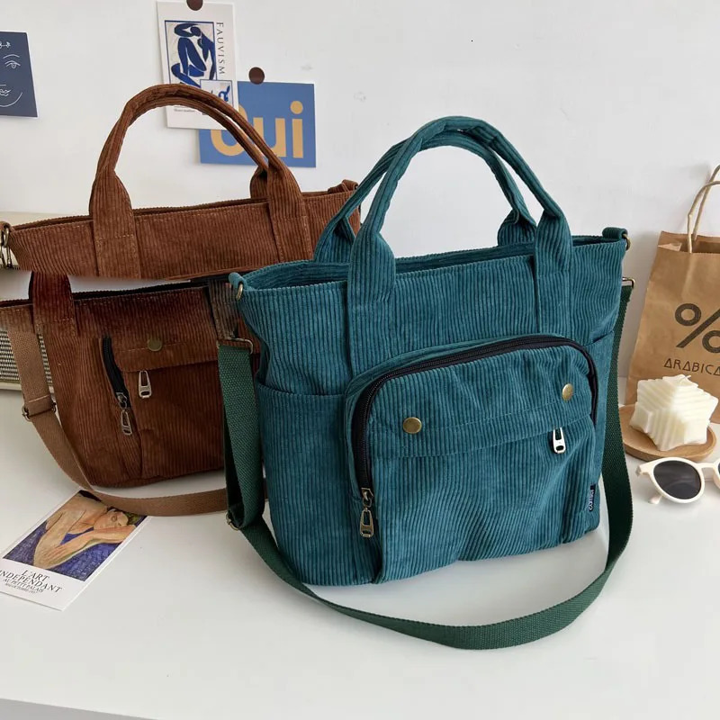 Womens Corduroy shoulder handbag solid color casual handbag fashionable canvas messenger bag zipper simple cross shaped bag 241112