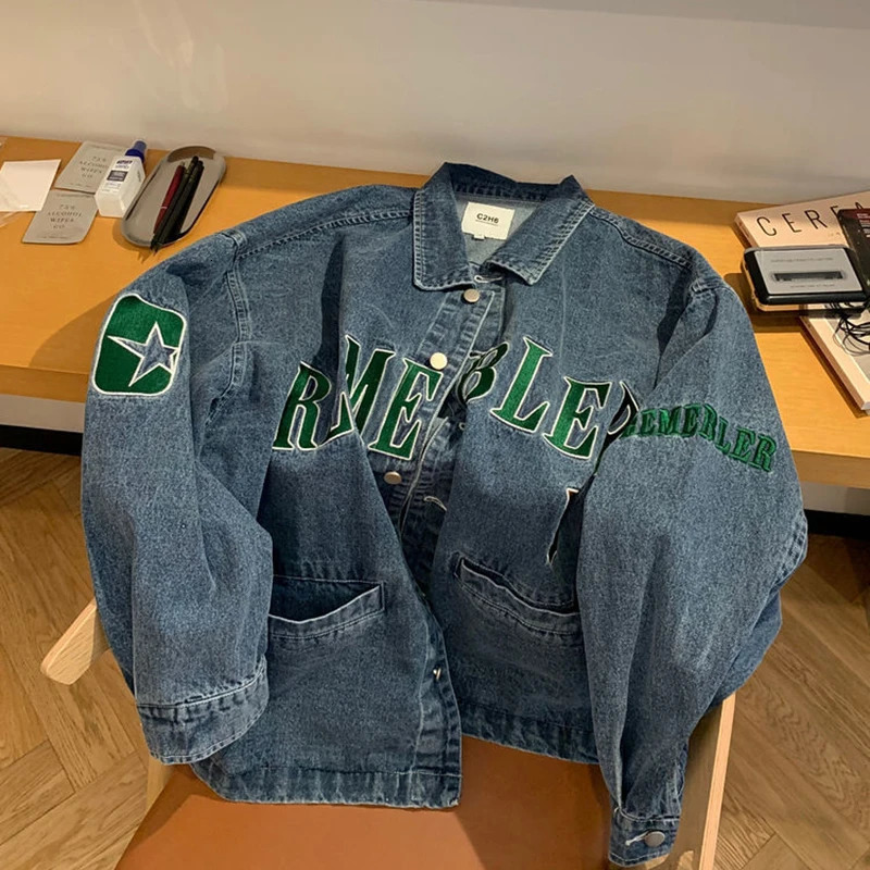 MEXZT HARAJUKU DENIM Veste femme surdimensionnée Broidered Denim Veste Streetwear Korean Lettre imprimée Veste décontractée Top 241112