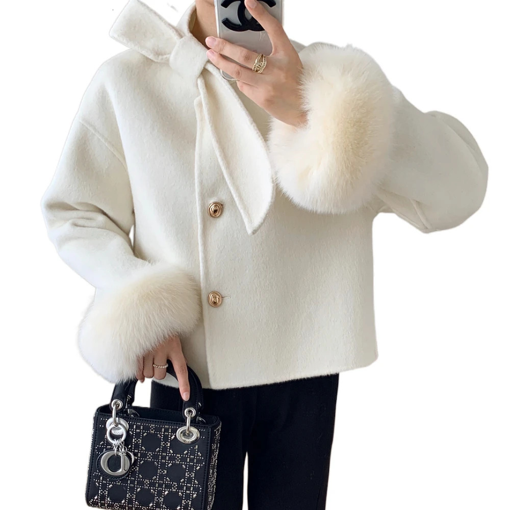 23 Winter Short sleeved Fox Fur Double sided Wool Products Cashmere Wool Womens Coat 241112