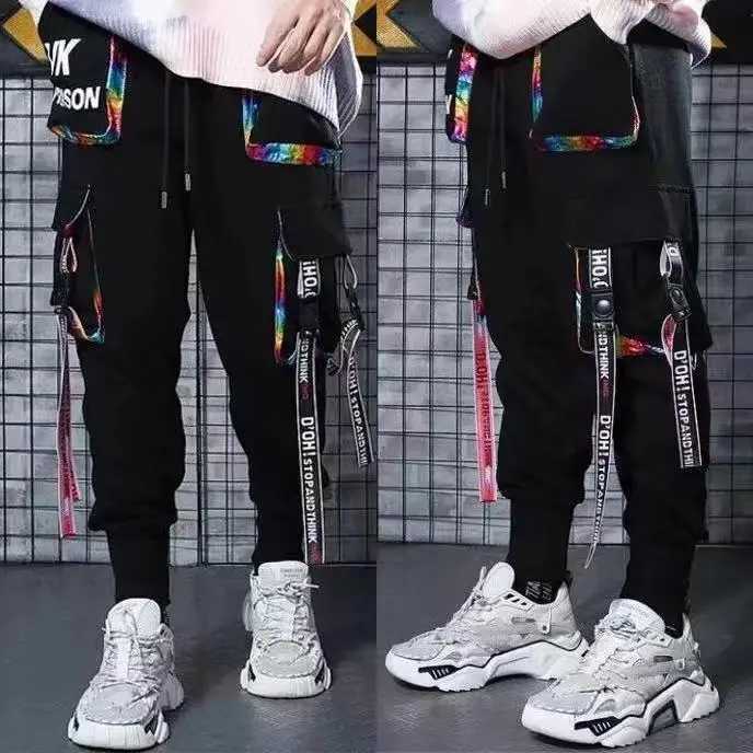 Streetwear Hip Hop Joggers Men Letter Ribbons Pantalons de cargaison POCHETS PROCHE TACTIQUE COSTOCH
