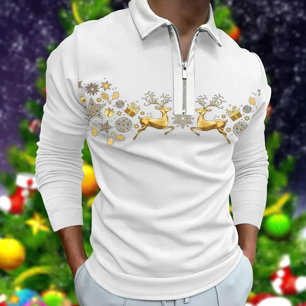 Festival d'automne et d'hiver Mens quotidiennes à glissière décontractée Couleur solide imprimé imprimé Longsleved Christmas Street Party Polo 24