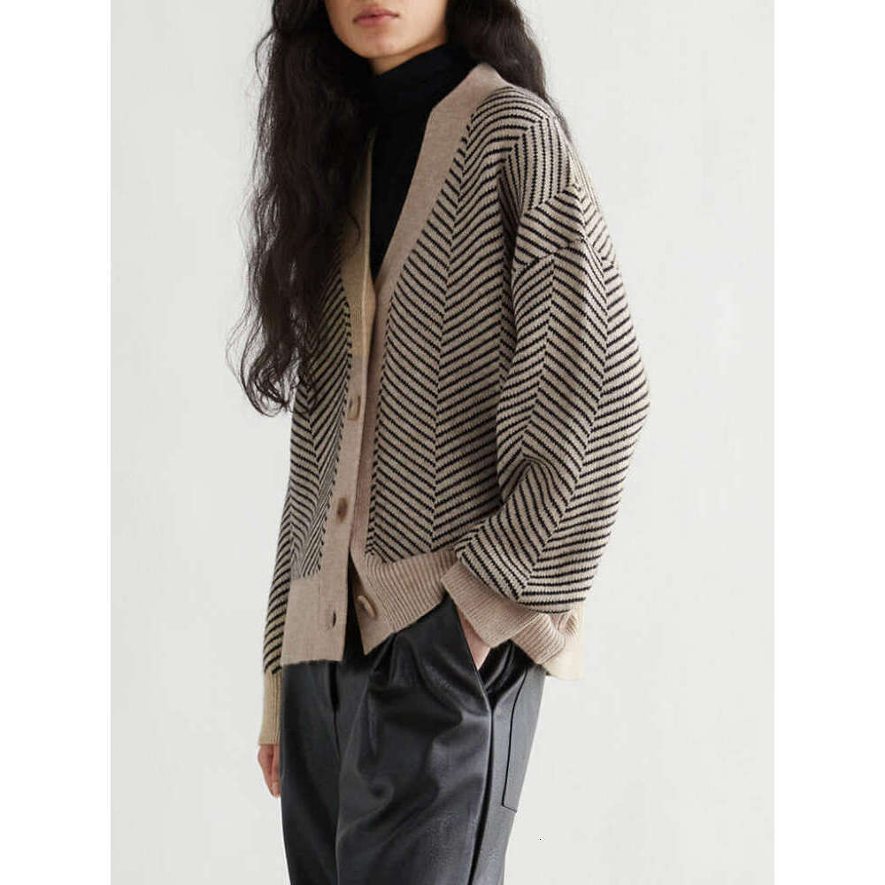 Bornladies Women's Sweater Autumn Winter New V-Neck Striped Loose-Fitting Cardigan Knitted Tops Single Breasted Elegant Sweaters