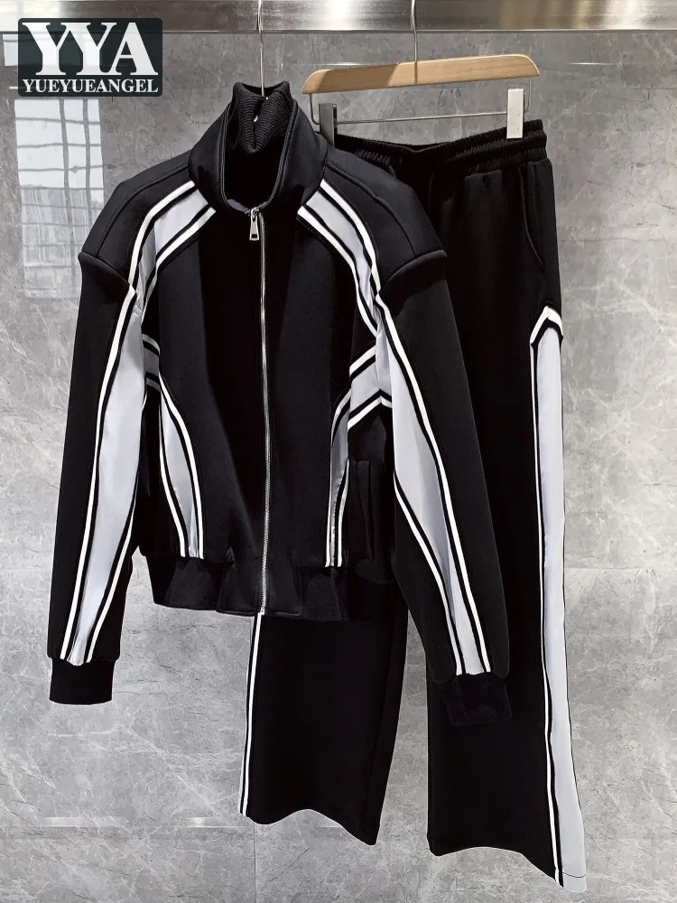 mens jogging suit patch work suit color mixed loose casual two-piece set street clothing sportswear pants matching set 241112