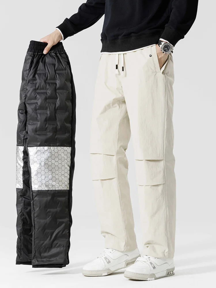 Winter inflatable warm pants with 90% white duck padding and straight three person walking mens windproof and snow proof warm casual pants 241111