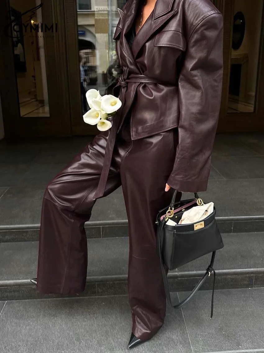 Oymimi Vintage Wine Red Pu Leather Femmes 2 pièces Tenue Ensemble de chemises de lacep à manches longues élégantes et pantalon simple 241111