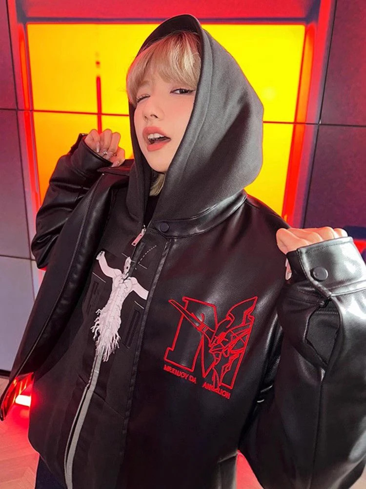 Mens Jacket Y2k Hip Hop Gothic Retro Zipper Hoodie PU Leather Jacket Harajuku Mens Clothing Splicing Jacket 241112