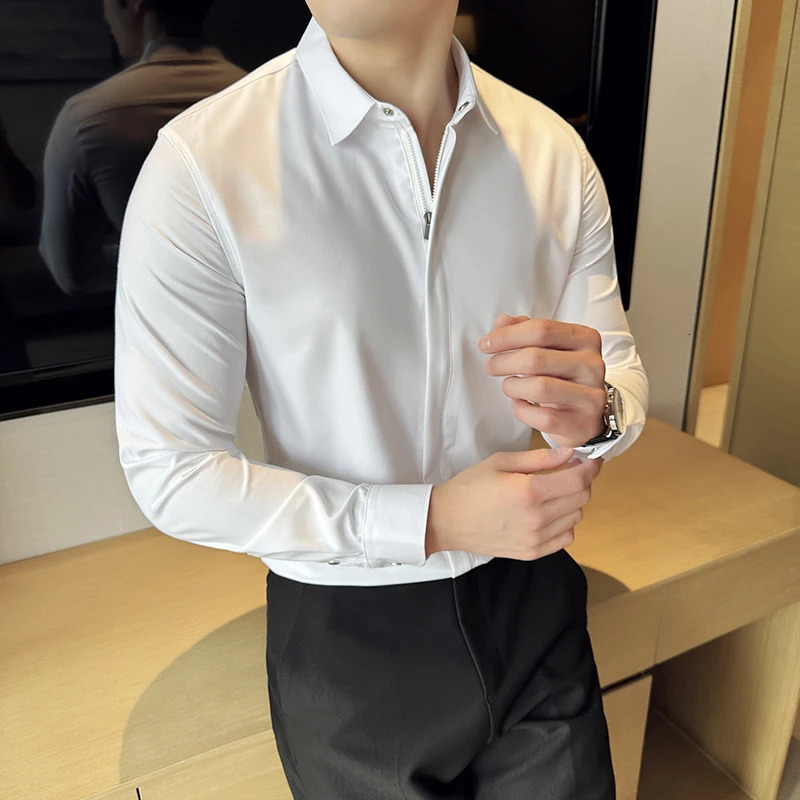 2024 Spring Autumn England Style Shirts Men Fashion Slim Fit Long Sleeve Zipper Shirts Man Solid Color Smart Casual Male Blouse 241113