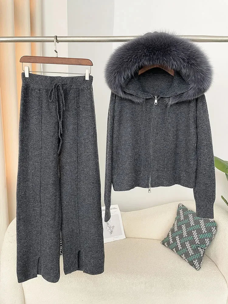 OFTBUY Autumn/Winter Natural True Fox Fur Collar Hoodie Knitted Sweater Womens Pants Set Jacket Thick Warmth 241112