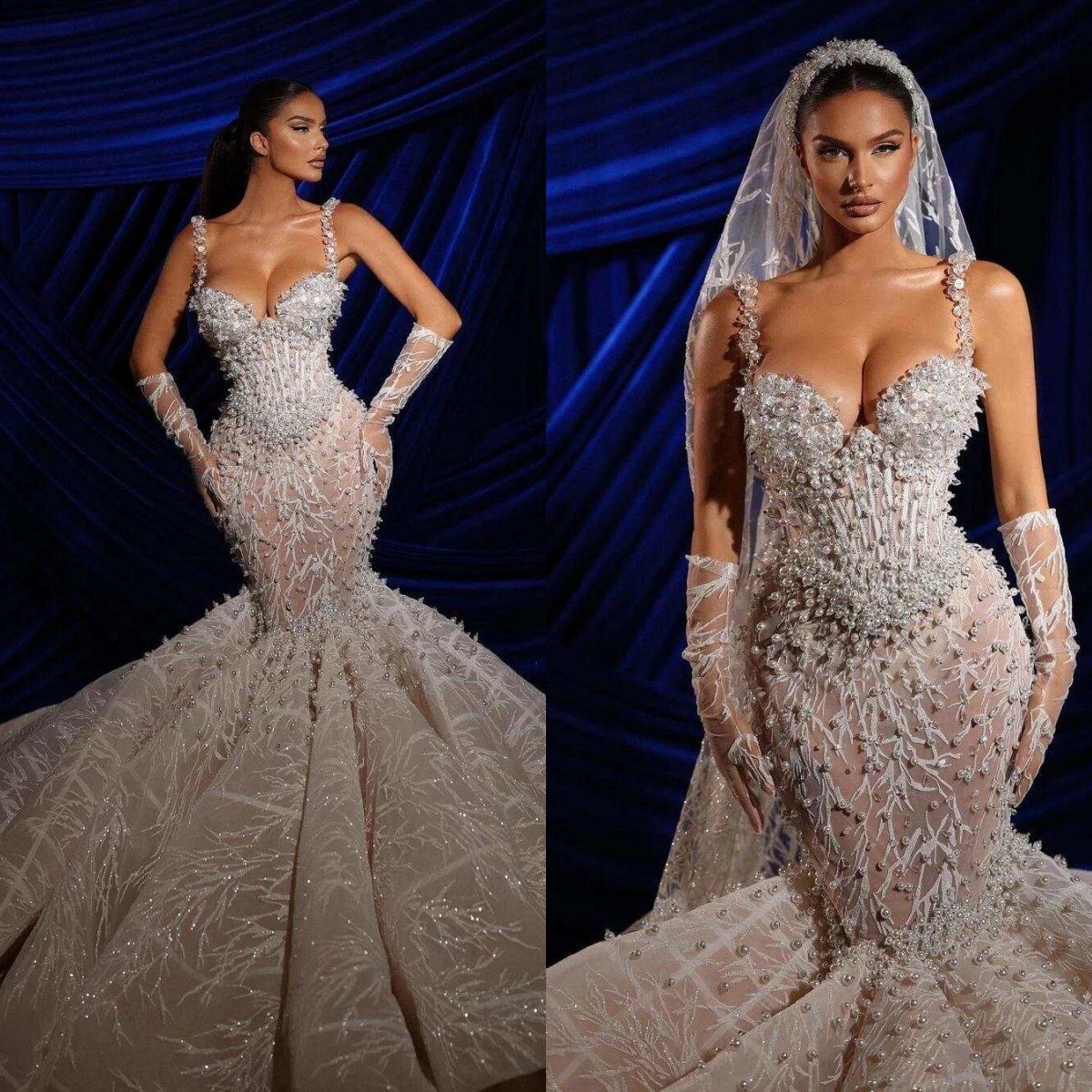 Gorgeous Mermaid Wedding Dresses For Women Sweetheart Neck Sleeveless Bridal Gown Pearls Sequins Sweep Train Customized Dress vestidos de novia