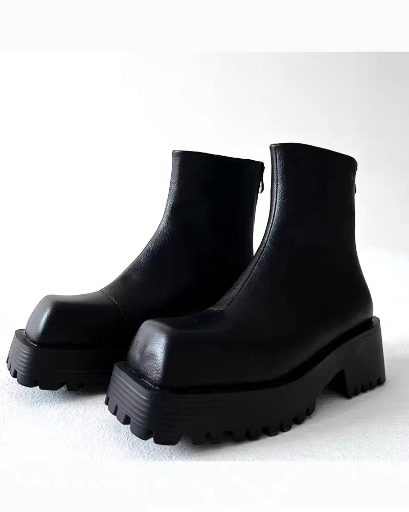 Botines de cuero de vaca auténtico a la moda para mujer y hombre, botas informales con punta cuadrada y plataforma gruesa para parejas, botas cortas