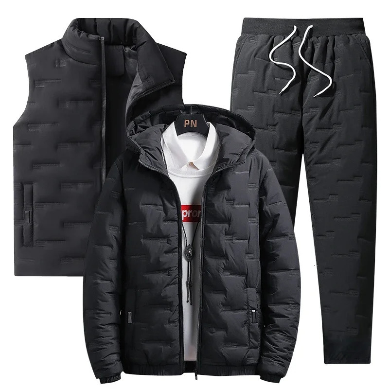 Winter mens cotton coat set with wool lining thickened support collar sheep velvet pad jacket three piece set Parka set casual jacket 241112