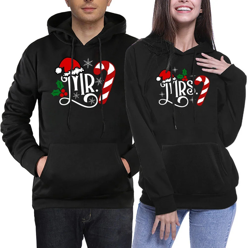 Pair couple sweater with Christmas hat and candy graphic womens sweater long sleeved printed loose casual mens hooded sweatshirt 241111