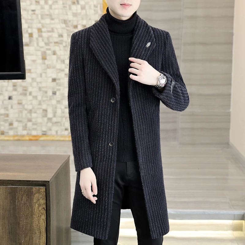 Mens mid length striped wool coat autumn and winter business solid slim fit jacket warm and windproof jacket 241112