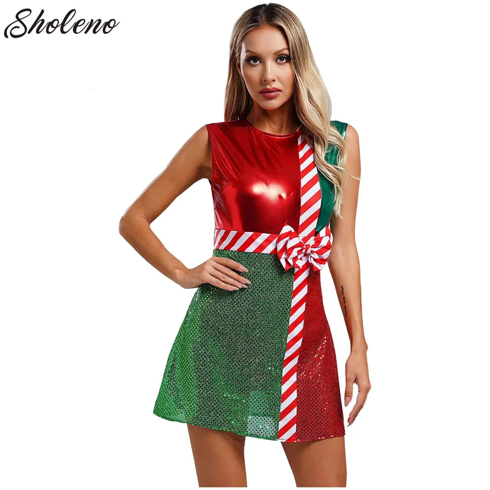 Costumes de canne à bonbons elfes pour les femmes Costume de patinage de robe de Noël brillant métallique