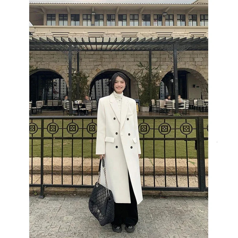 Elegant Long Wool Coat Streetwear Quilted Jacket Korean Double Breasted Woolen Overcoat Winter Oversized Thick Outwear 241108