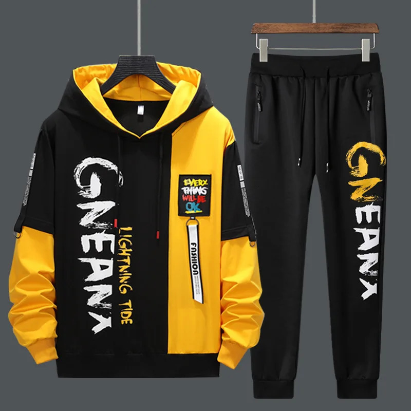 Mens track style sportswear set mens patch workwear 2-piece hooded sweatshirtpants set Hip sports pants Hop fashion streetwear sportswear set 4XL