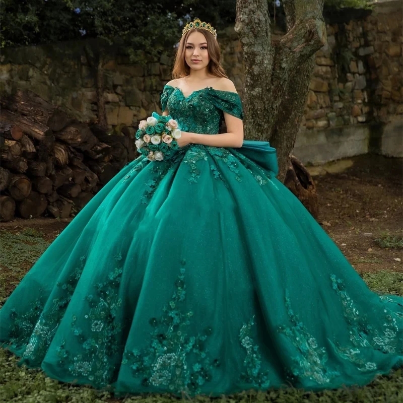 Vert brillant Quinceanera robes robe de bal robes De 15 Anos fleurs perles arc Tull chérie robe de fête d'anniversaire robe douce 16