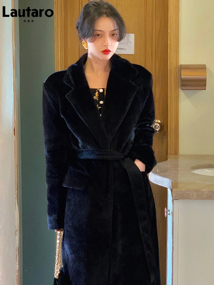 Lautaro Winter Extra Large Black Soft Artificial Fur Trench Coat Womens Long Sleeve Belt Casual Fashion Korean Fashion 241112