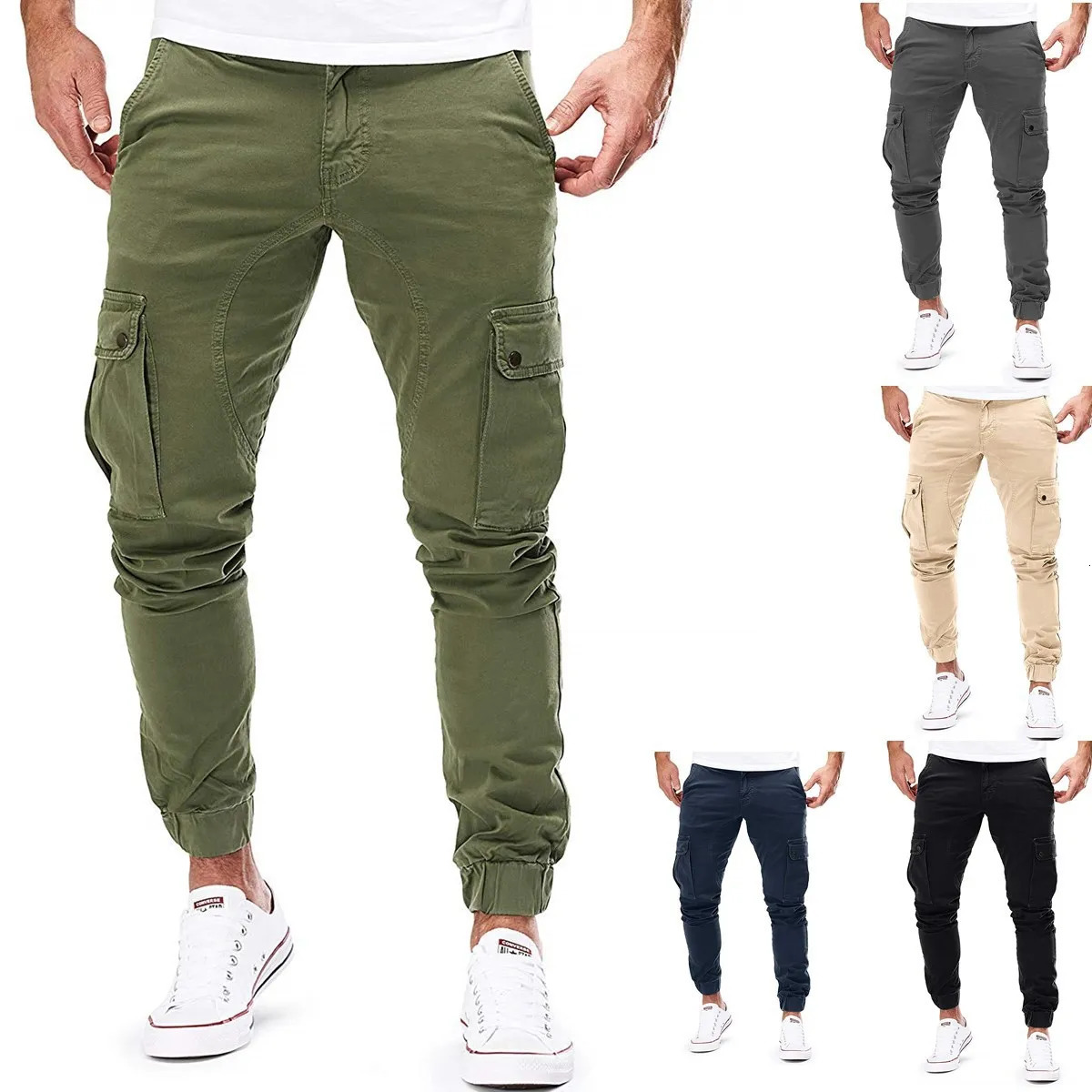 Mens high stretch multi pocket tight cargo pants multi pocket sports pants solid color casual outdoor runners Trousers 241112