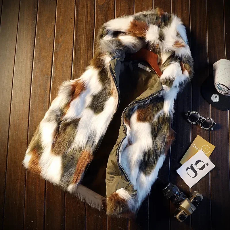 Winter Warm Plus Fleece Faux Fur Fox Fur Casual Mens Hooded Jacket Vest Thick Boutique Fashionable Male Slim Coats Waistcoat 241113