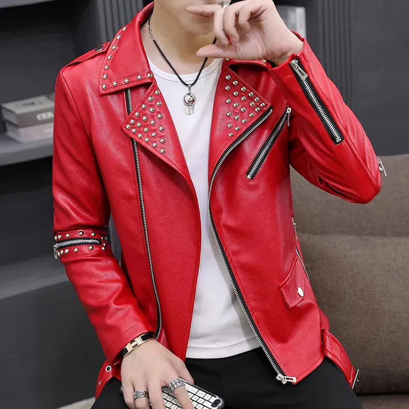 Men's Leather Faux Leather HOO Men's Casual Autumn Slim Fit Handsome Rivet Oblique Zipper Leather Jacket Youth Trendy Motorcycle PU Lea