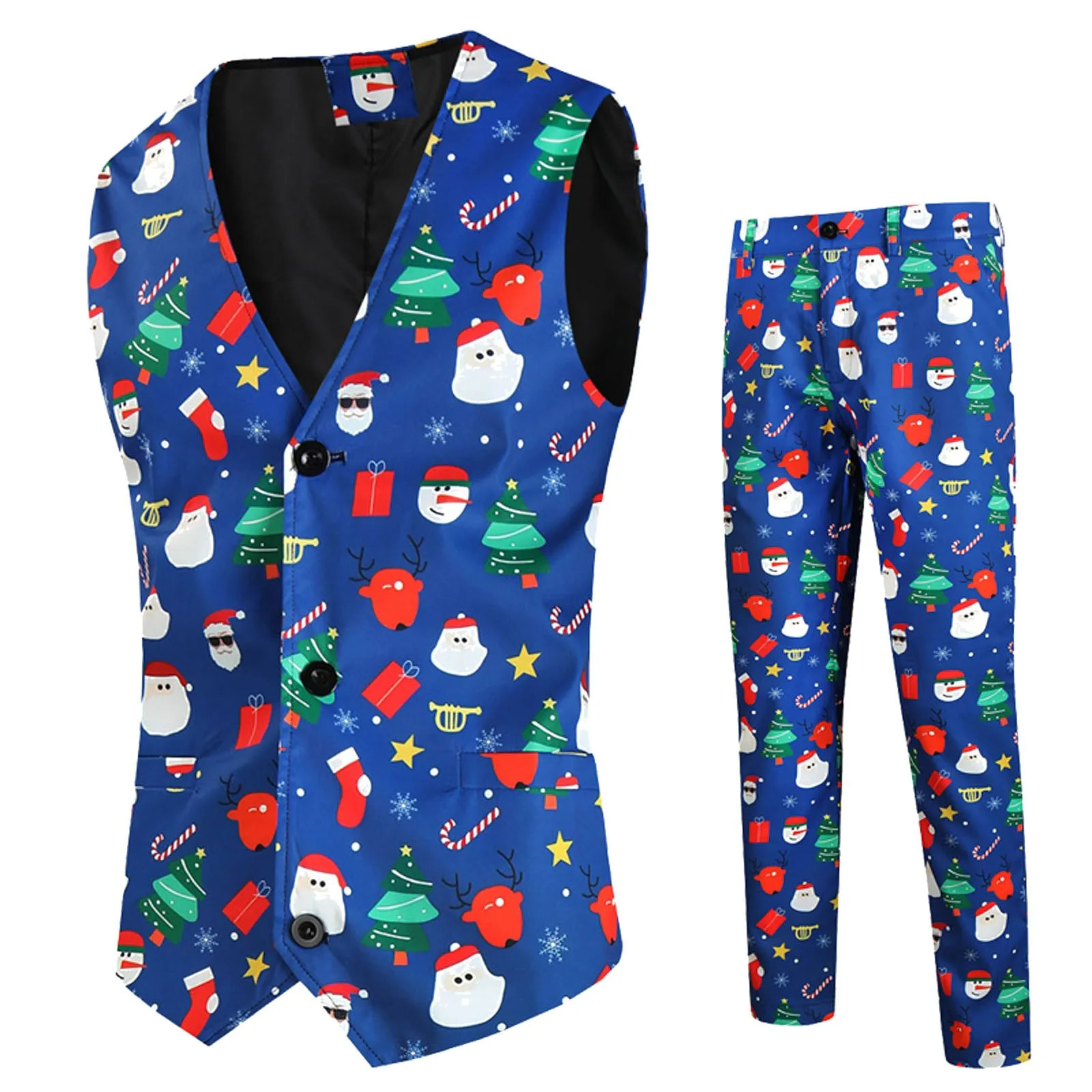 Christmas Suit Vest Men Two Piece Set Fashion Printed Tank Top And Trousers Set British Style Long Sleeve Lapel Collar Suit 241113