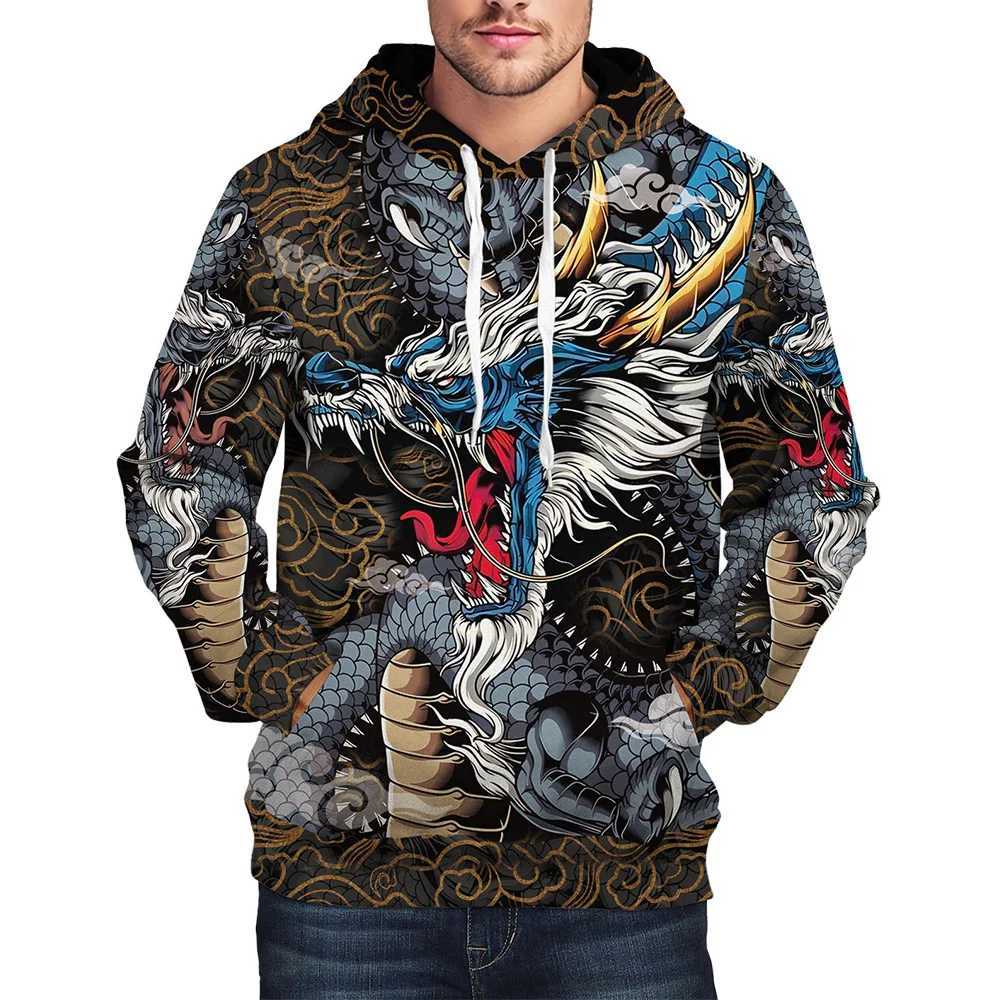 3D Printed New Year Clothing Pull on Casual Top Full Body Printed Lucky Cloud Hooded Sweatshirt Long Sleeve Dragon Mens Hoodie LX241113