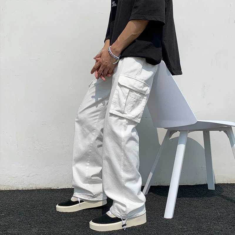Pantalons de cargaison noirs / blancs Fashion Fashion Pantalon de jambe large lâche Men Streetwear Hip-Hop Pocket Casual Pantal