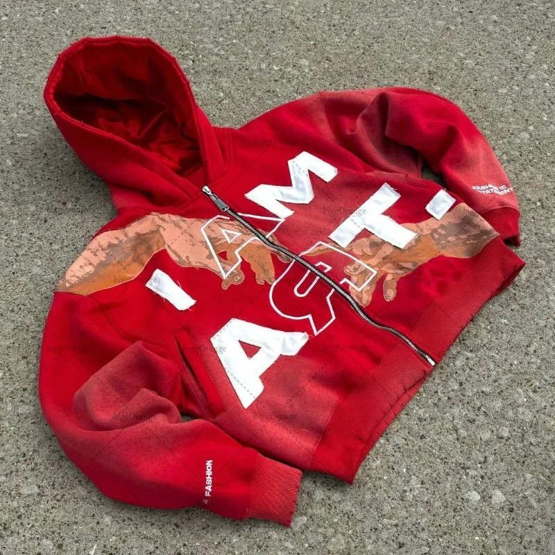 Hip hop Trendy Streetwear Y2K Harajuku American Retro Alphabet Printed Zipper Hoodie Mens Punk Casual Color Oversized Sweatshirt 241112